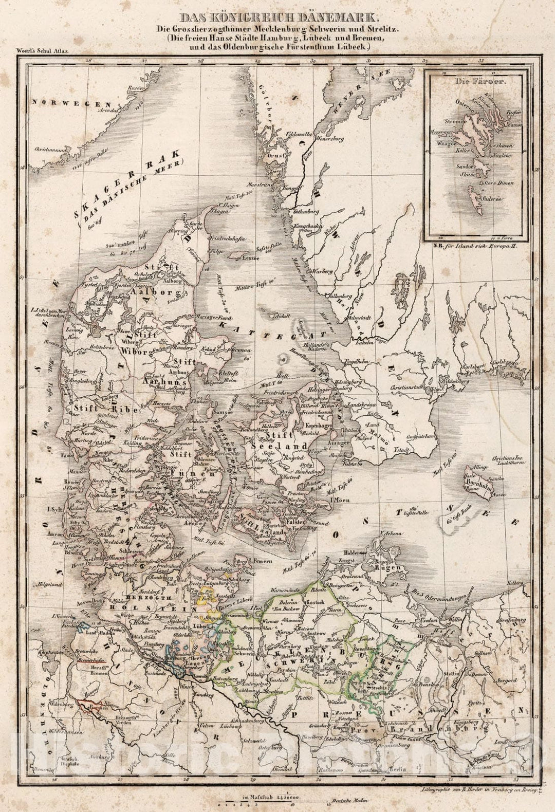 Historic Map : Kingdom of Denmark., 1843, Vintage Wall Art