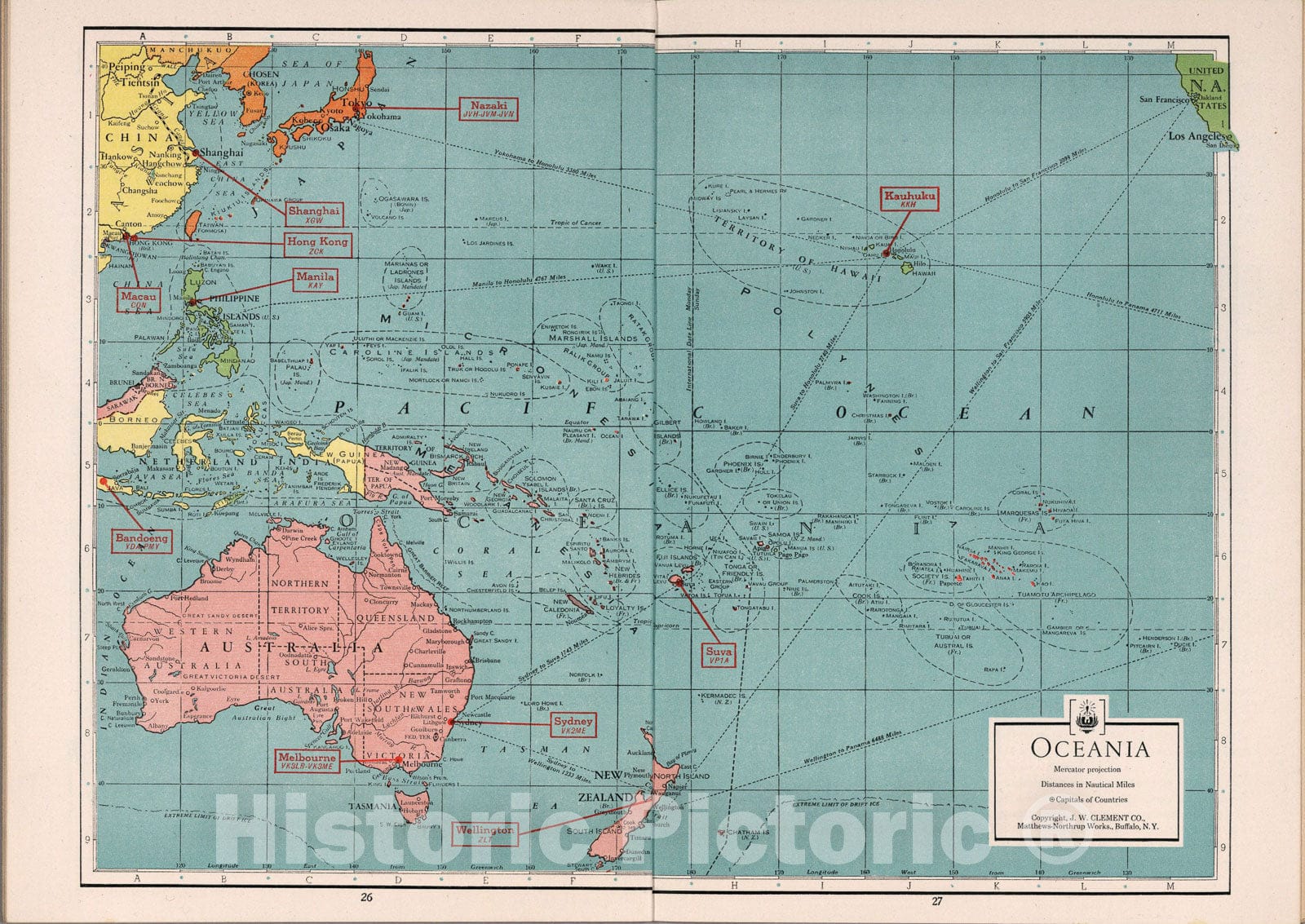 Historic Map : Oceania : Mercator Projection, 1935, Vintage Wall Art