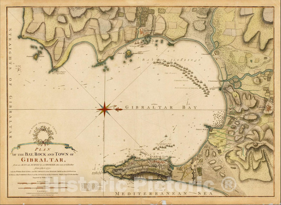 Historic Map : Plan of the Bay, Rock and Town of Gibraltar, 1783, William Faden, Vintage Wall Art