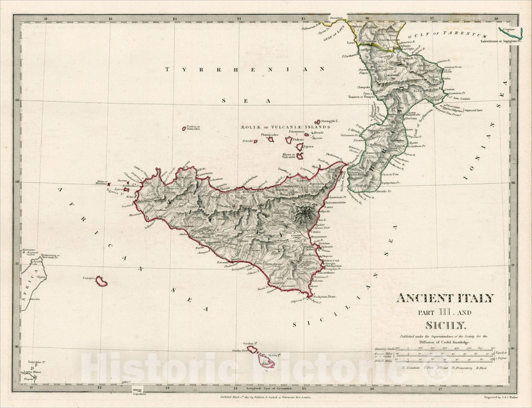 Historic Map : Ancient Italy Part III, and Sicily, 1830, SDUK, Vintage Wall Art