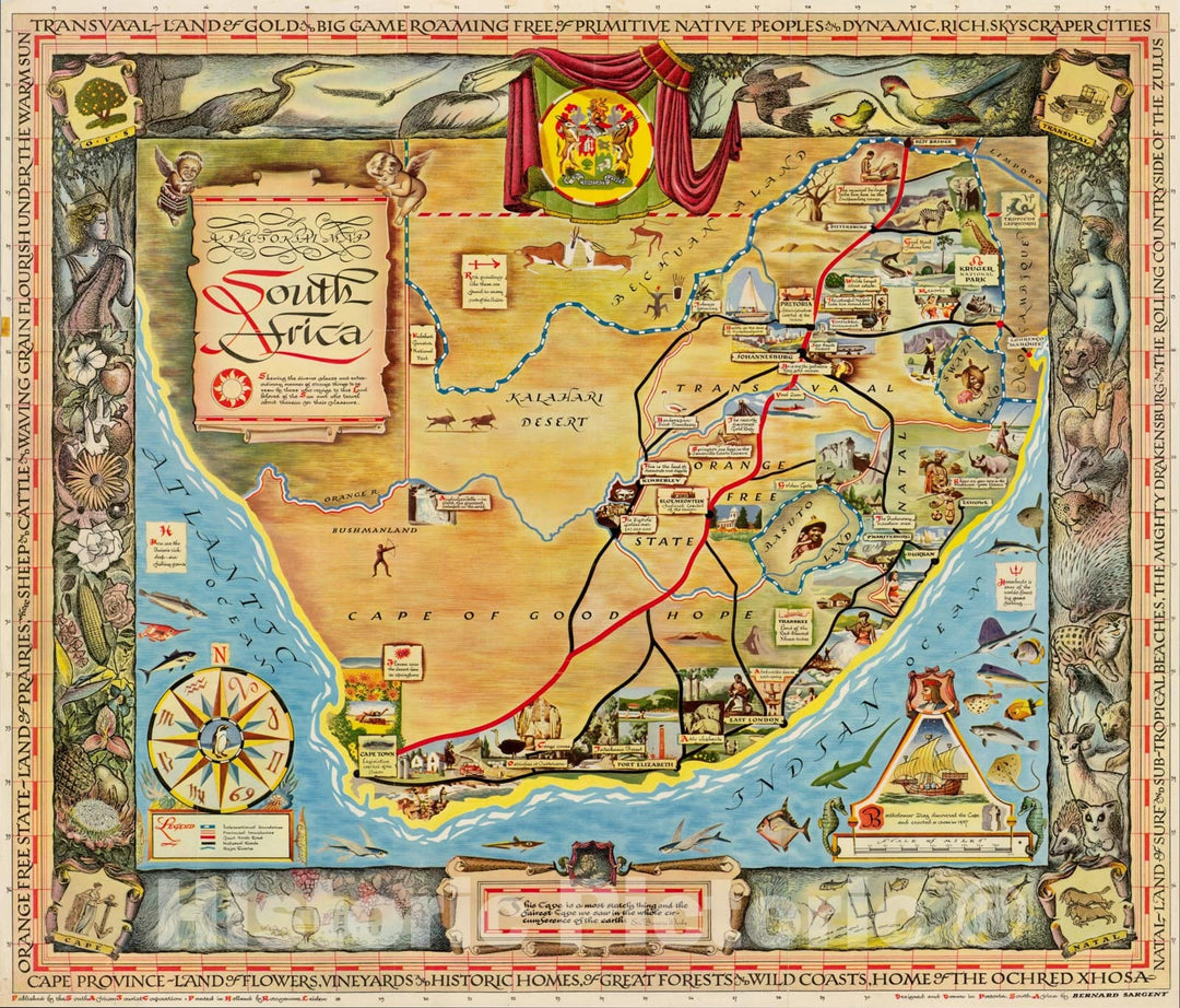 Historic Map : A Pictorial Map South Africa, c1955, Bernard Sargent, Vintage Wall Art