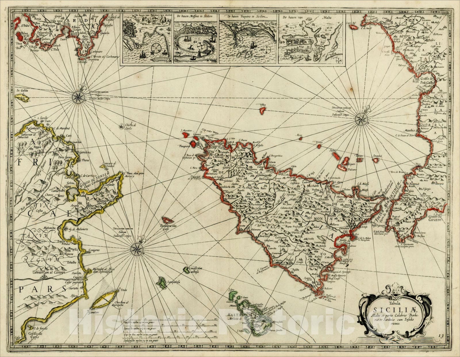 Historic Map : Tabula Siciliae Maltae et partis Calabriae Barbariae et Sardiniae cum Insulis vicinis , 1654, , Vintage Wall Art