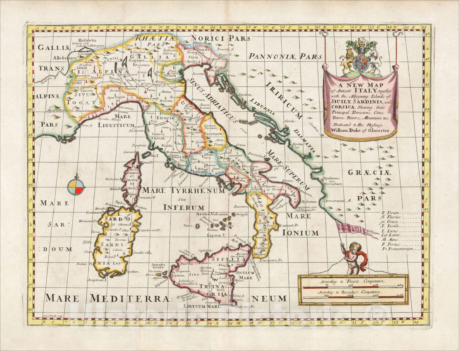 Historic Map : A New Map of Antient Italy, together with the Adjoying Islands of Sicily, Sardinia, and Corsica, 1700, Edward Wells, Vintage Wall Art