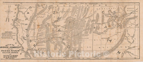 Historic Map : Map of the Washoe, Humboldt and Reese River Silver Mines in the State of Nevada By E.W. Perry, 1865, 1865, E. W. Perry, Vintage Wall Art