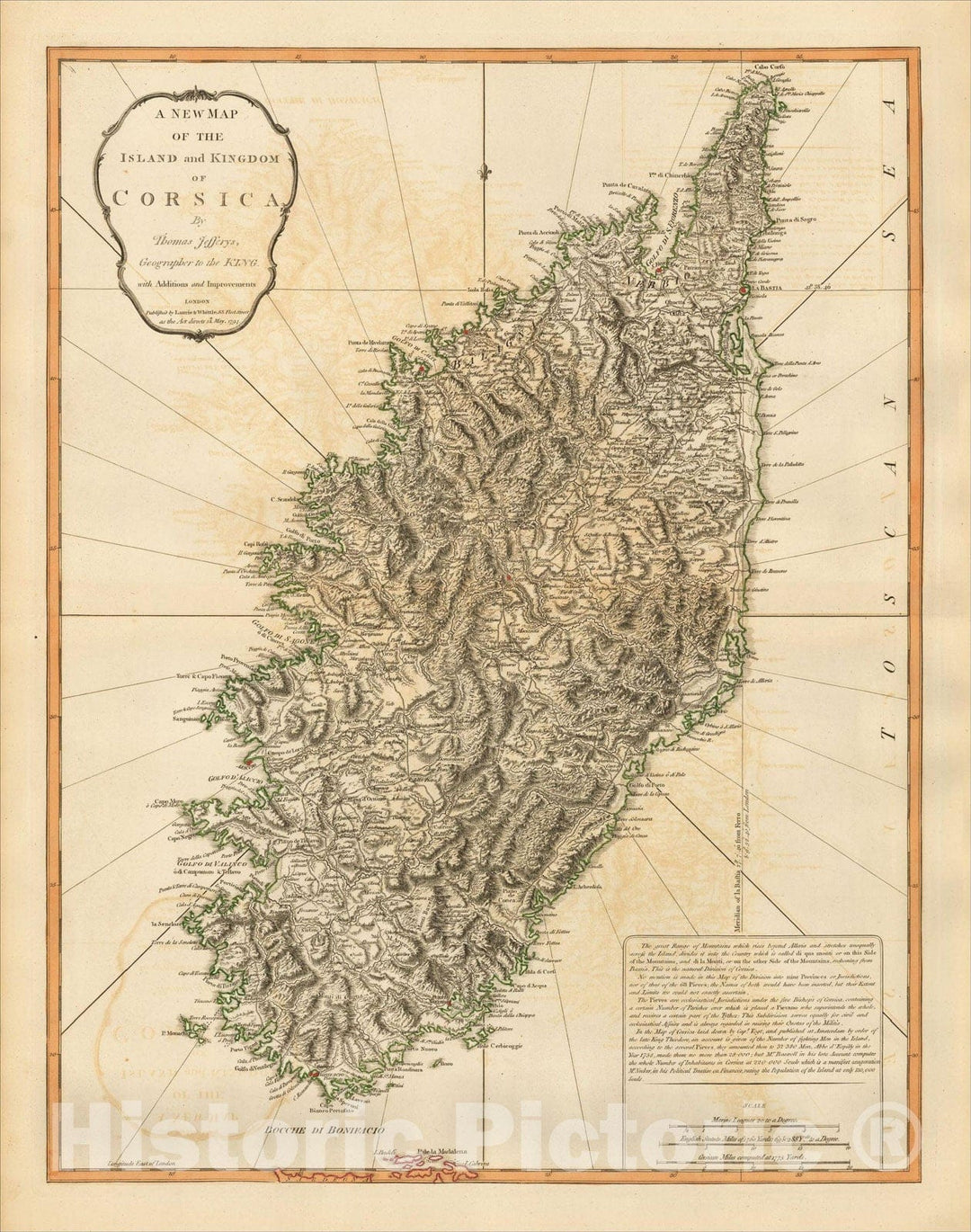 Historic Map : A New Map of the Island and Kingdom of Corsica By Thomas Jefferys, Geographer to the King., 1794, Laurie & Whittle, Vintage Wall Art