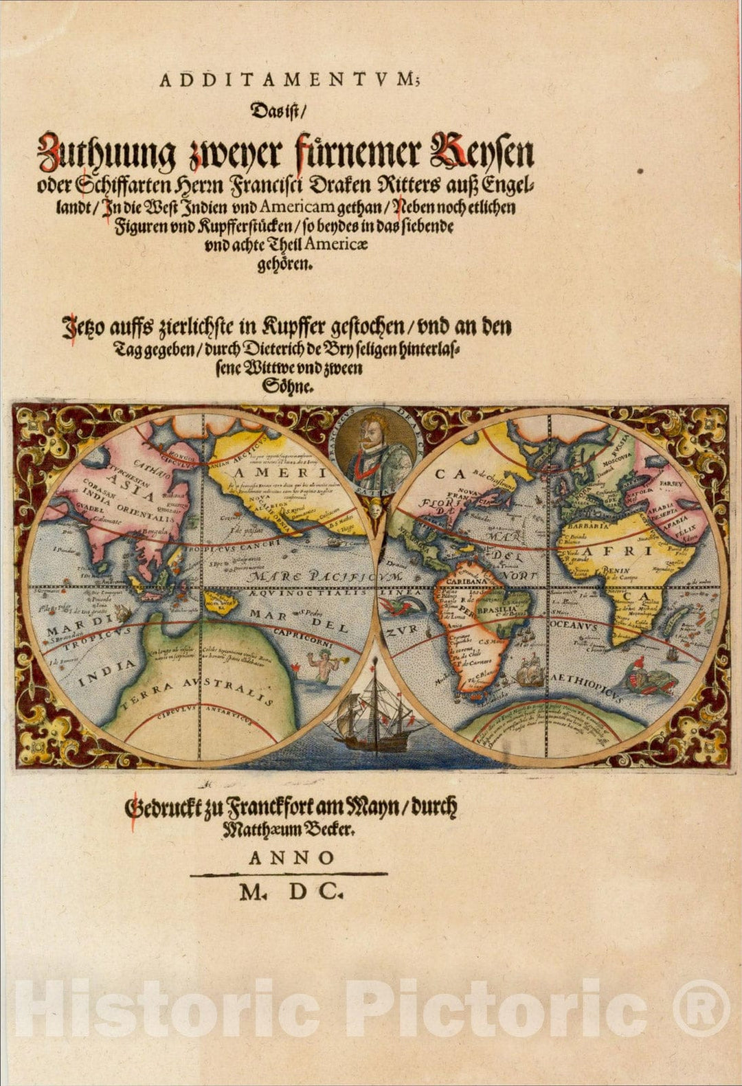 Historic Map : (Map of the World Showing the Route of Sir Francis Drake), 1599, Theodor De Bry, Vintage Wall Art