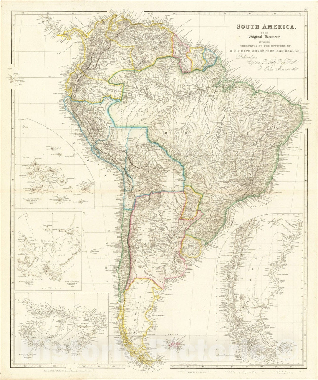 Historic Map : South America and Galapagos Islands, 1839, John Arrowsmith, Vintage Wall Art