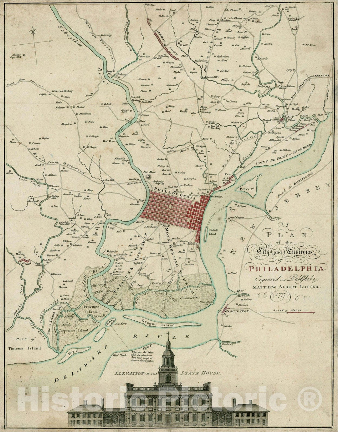 Historic Map : A Plan of the City and Environs of Philadelphia Engraved and Published by Matthew Albert Lotter. 1777, 1777, Mathais Albrecht Lotter, Vintage Wall Art