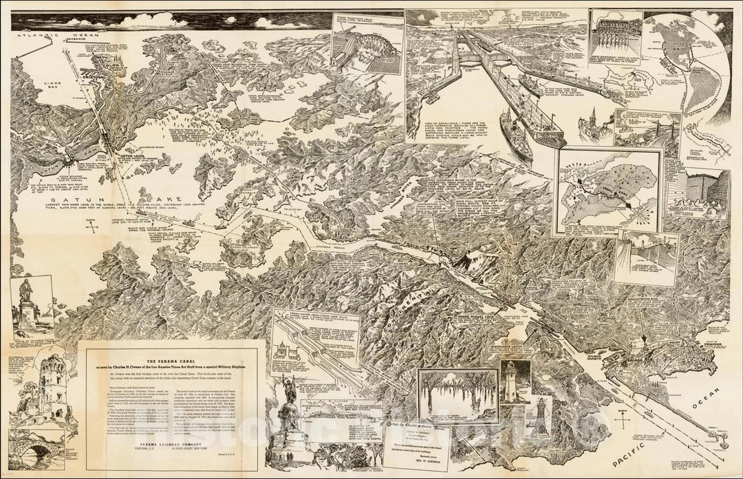 Historic Map : The Panama Canal as seen by Charles H. Owens of the Los Angeles Times Art Staff from a special Military Airplane, 1925, Panama Railroad Company, Vintage Wall Art