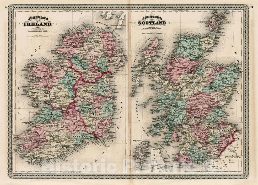 Historic Map : Johnson's Ireland with Johnson's Scotland, 1875, Alvin Jewett Johnson, Vintage Wall Art