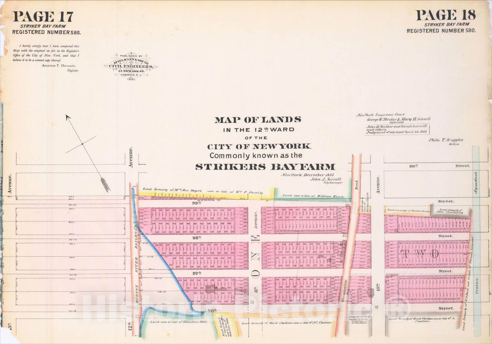 Historic Map : Map of Lands in the 12th Ward of the City of New York Commonly known as the Strikers Bay Farm., 1881, Spielmann & Brush, Vintage Wall Art