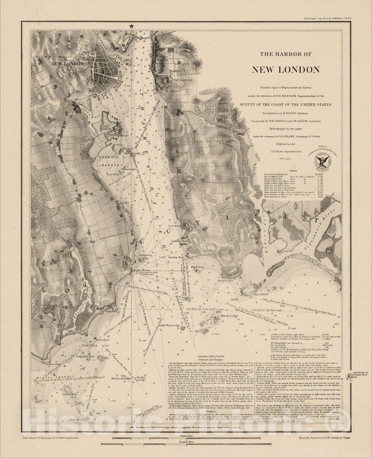 Historic Map : The Harbor of New London. Founded upon a Trigonometric Survey under the direction of F.R. Hassler, 1848, , Vintage Wall Art