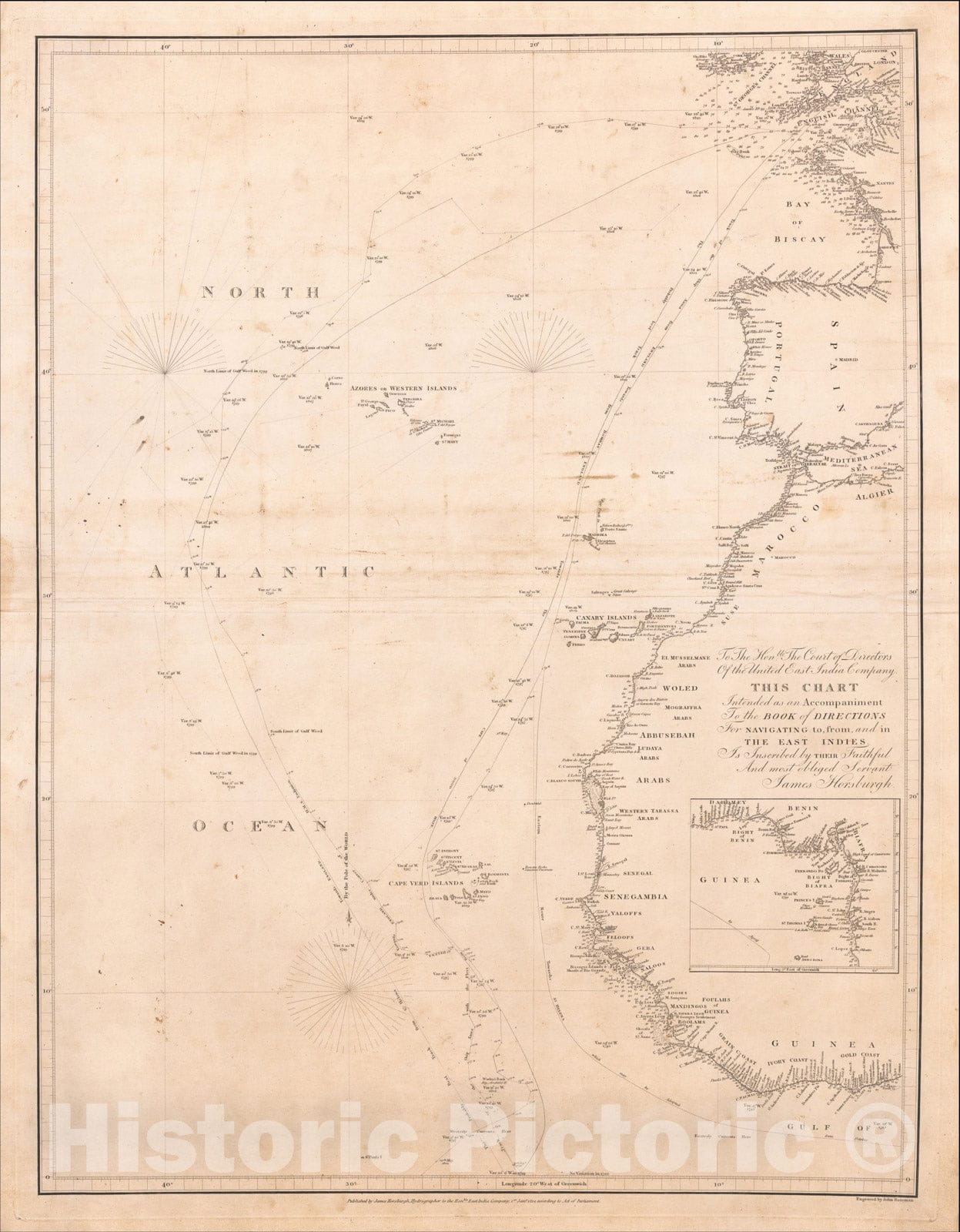 Historic Map : Atlantic Ocean from the latest Book of Directions For Navigating to, from and in the East Indies, 1814, , Vintage Wall Art