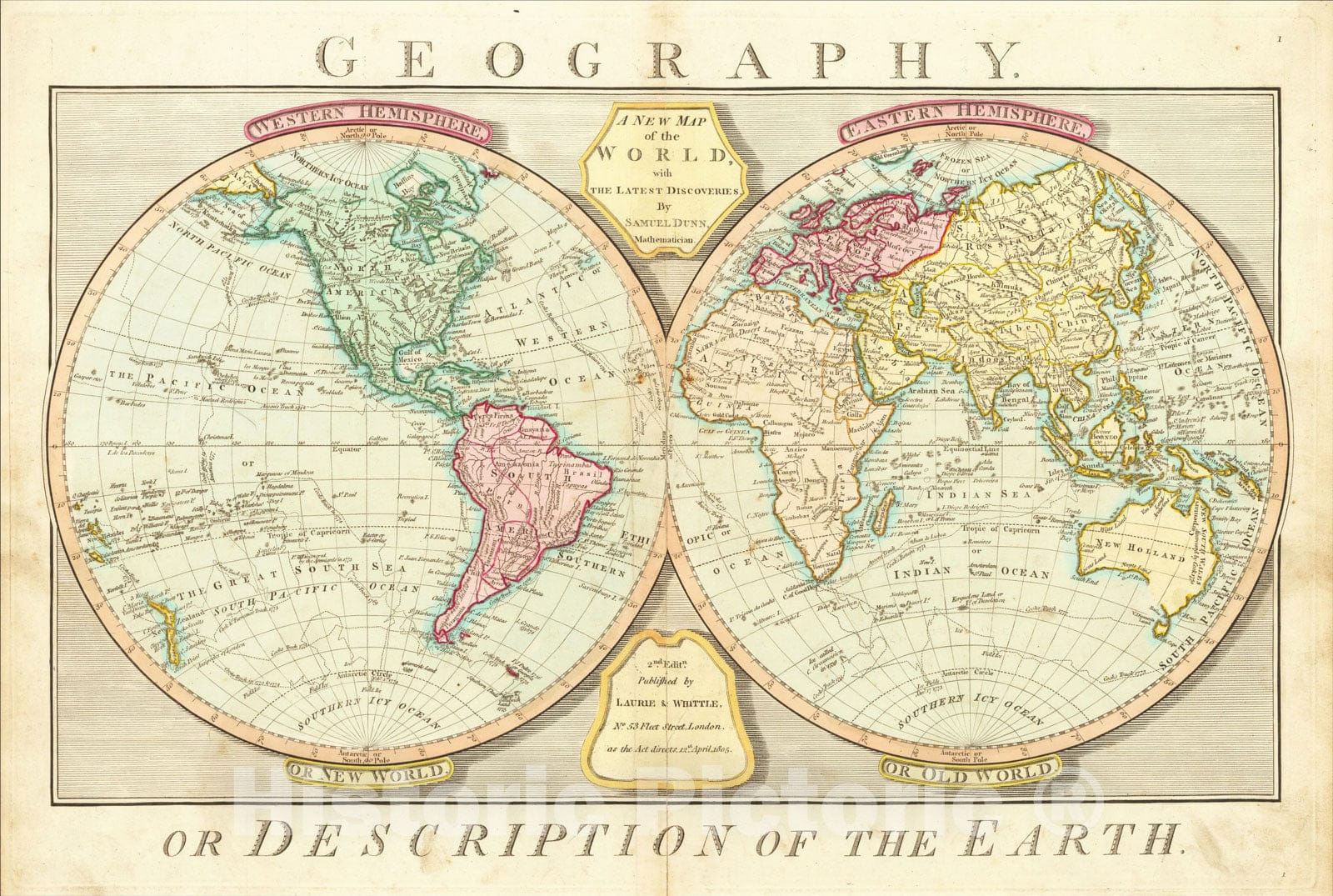 Historic Map : A New Map of the World, with The Latest Discoveries. By Samuel Dunn, Mathematician., 1805, 1805, Samuel Dunn, Vintage Wall Art