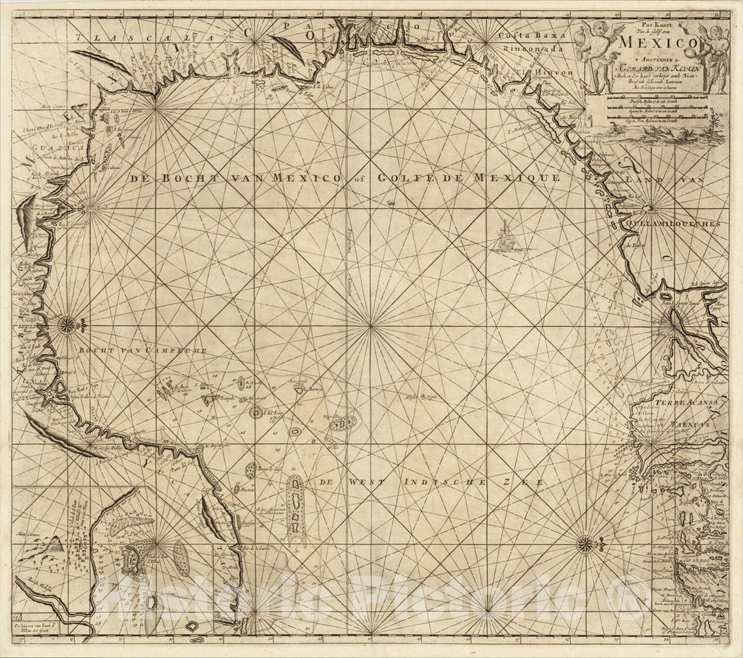 Historic Map : Gulf Coast - Texas - Florida - Yucatan Pas-Kaart Van de Golff van Mexico, 1734, Gerard Van Keulen, Vintage Wall Art