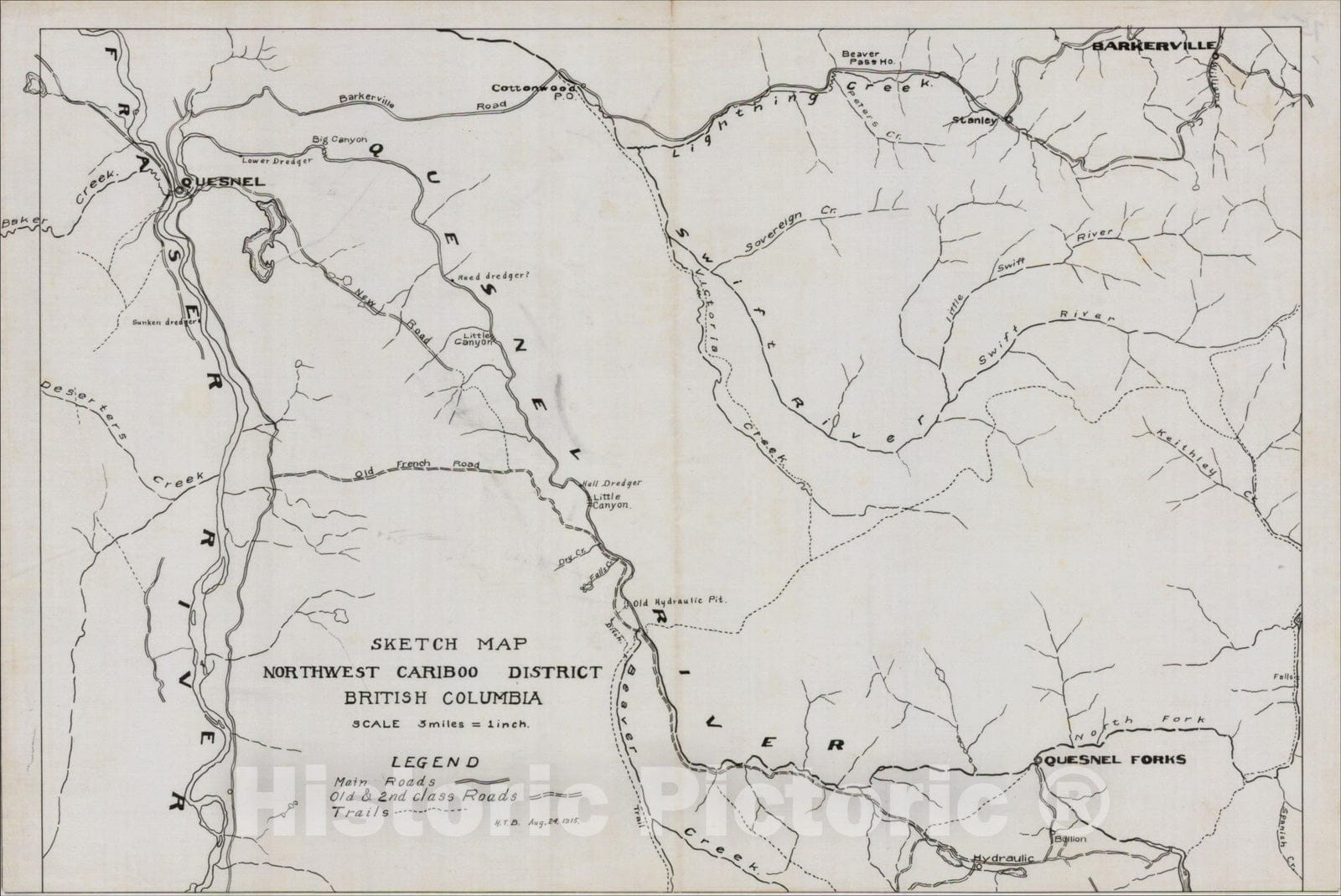 Historic Map : Sketch Map Northwest Cariboo District British Columbia. August 24, 1915., 1915, Anonymous, Vintage Wall Art