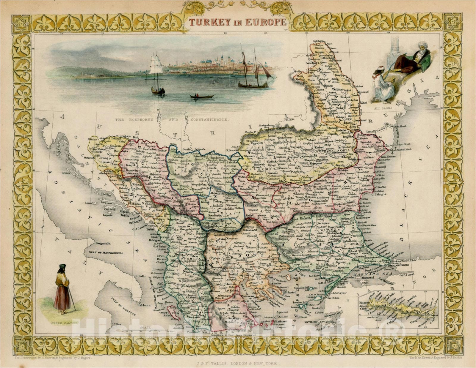 Historic Map : Turkey in Europe, 1851, John Tallis, Vintage Wall Art