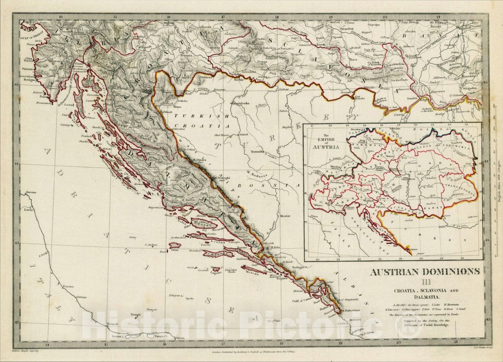 Historic Map : Austrian Dominions III. Croatia, Sclavonia and Dalmatia, 1832, SDUK, Vintage Wall Art