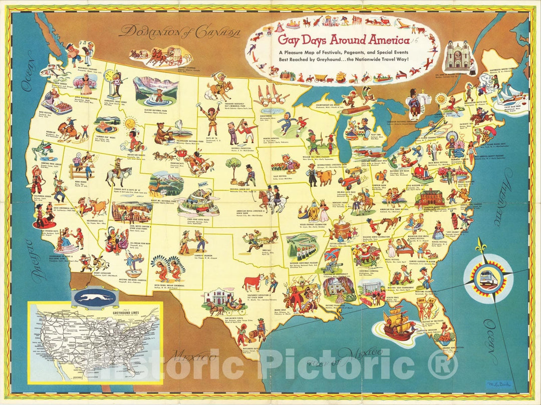 Historic Map : Gay Days Around America A Pleasure Map of Festivals, Pageants, and Special Events Best Reached by Greyhound, the Nationwide Travels Way., 1949, Vintage Wall Art