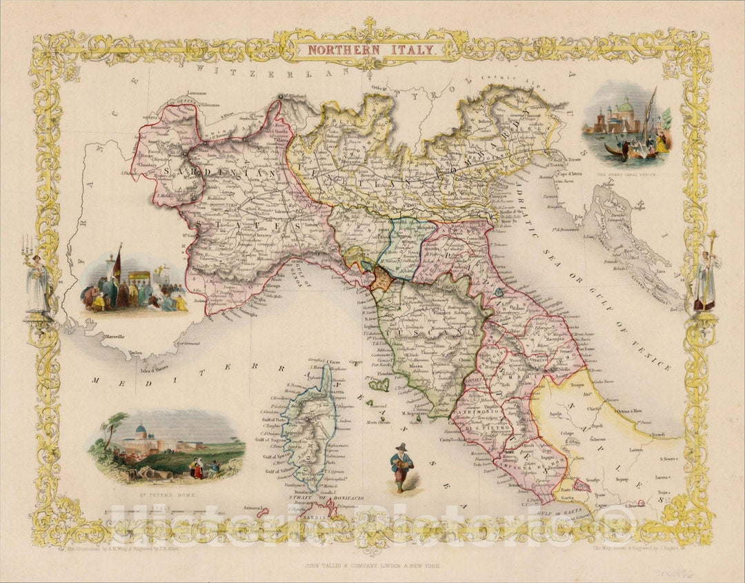 Historic Map : Northern Italy, 1851, John Tallis, v1, Vintage Wall Art