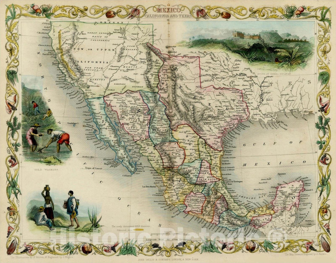 Historic Map : Mexico, California and Texas, 1851, John Tallis, v1, Vintage Wall Art