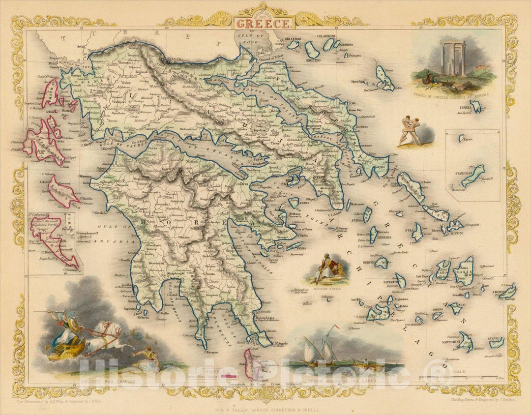 Historic Map : Ionian Isles and Greece, 1851, John Tallis, v1, Vintage Wall Art