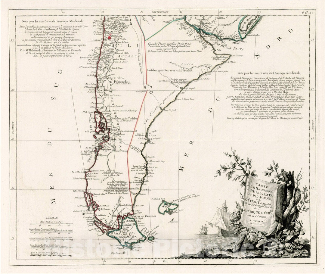 Historic Map : Carte du Chili Meridional, du Rio de la Plata, des Patagons, et du Detroit de Magellan, 1779, , Vintage Wall Art