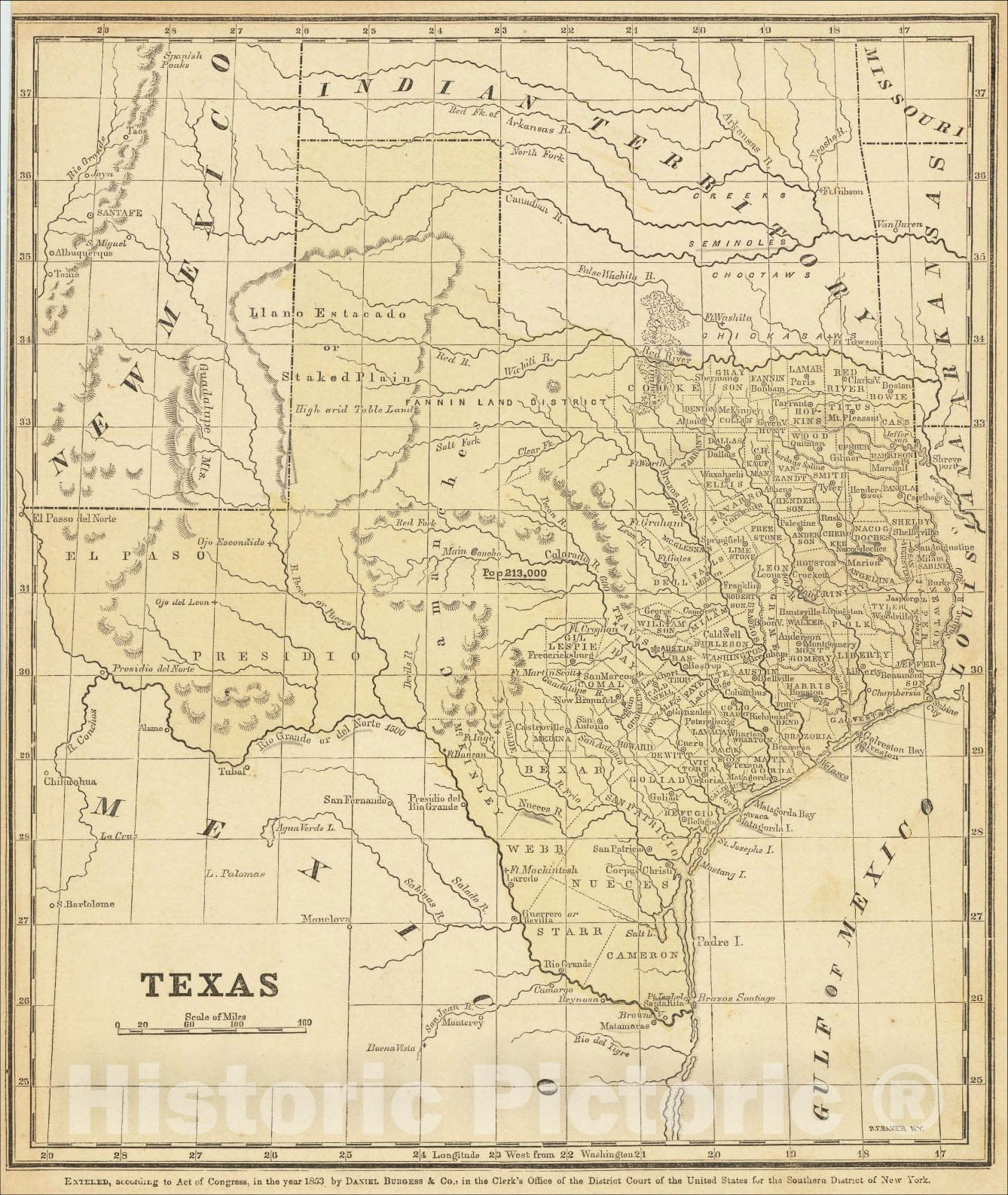 Historic Map : Texas, 1853, Daniel Burgess & Co., Vintage Wall Art