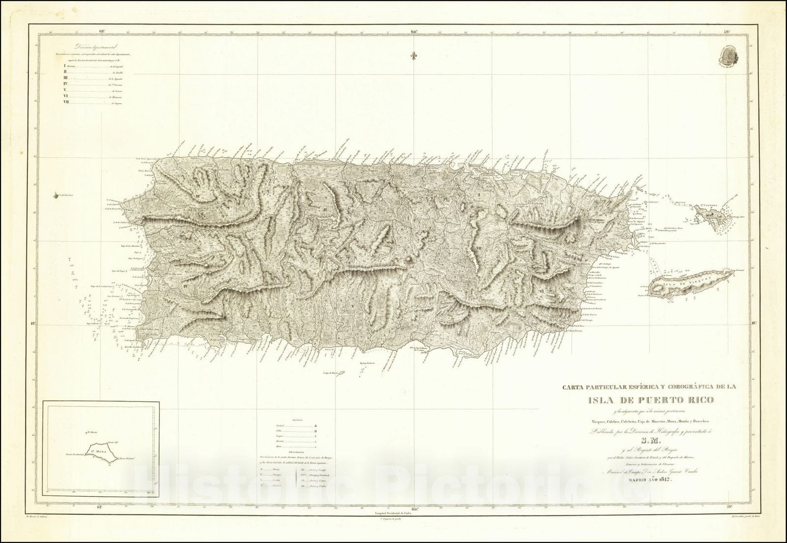 Historic Map : La Isla De Puerto Rico, 1842, Direccion Hidrografica de Madrid, Vintage Wall Art