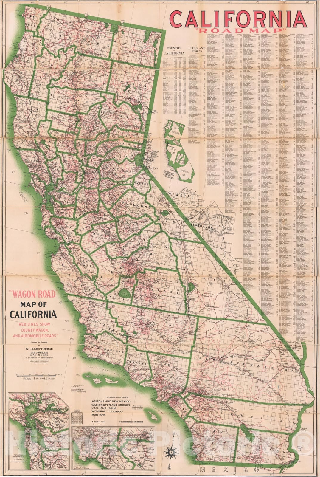 Historic Map : Wagon Road Map of California Red Lines Show State Wagon Roads and System of State Highway Commission Surveys, 1916, W. Elliott Judge, Vintage Wall Art