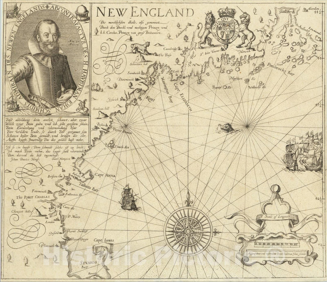 Historic Map : New England. Die Mercklichsten Dheile, also Genennet durch den Durchl, 1617, John Smith - Levinus Hulsius, Vintage Wall Art