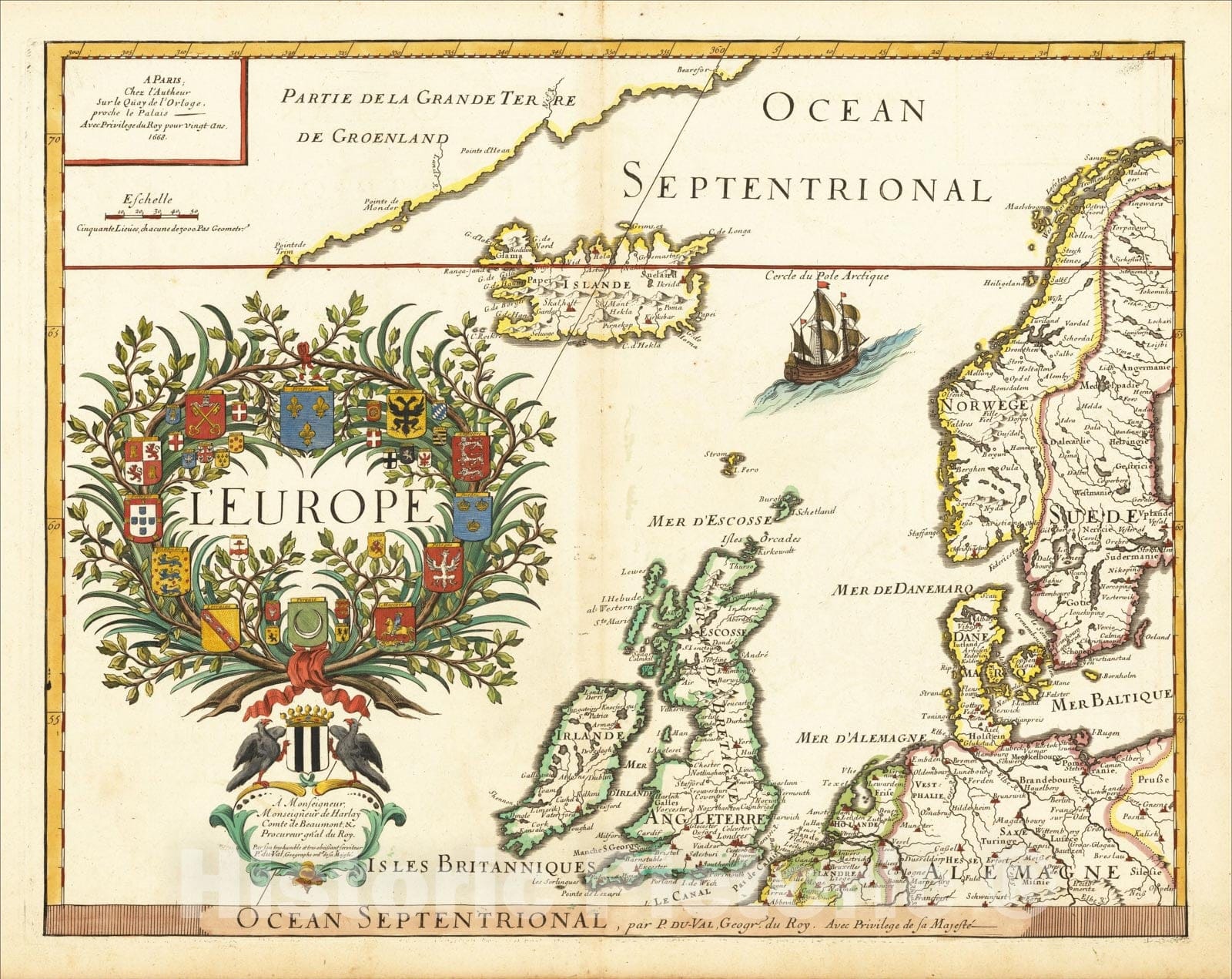 Historic Map : L'Europe Par P. Du Val, 1668 (British Isles, Iceland, Scandinavia, etc.), 1668, Pierre Du Val, Vintage Wall Art