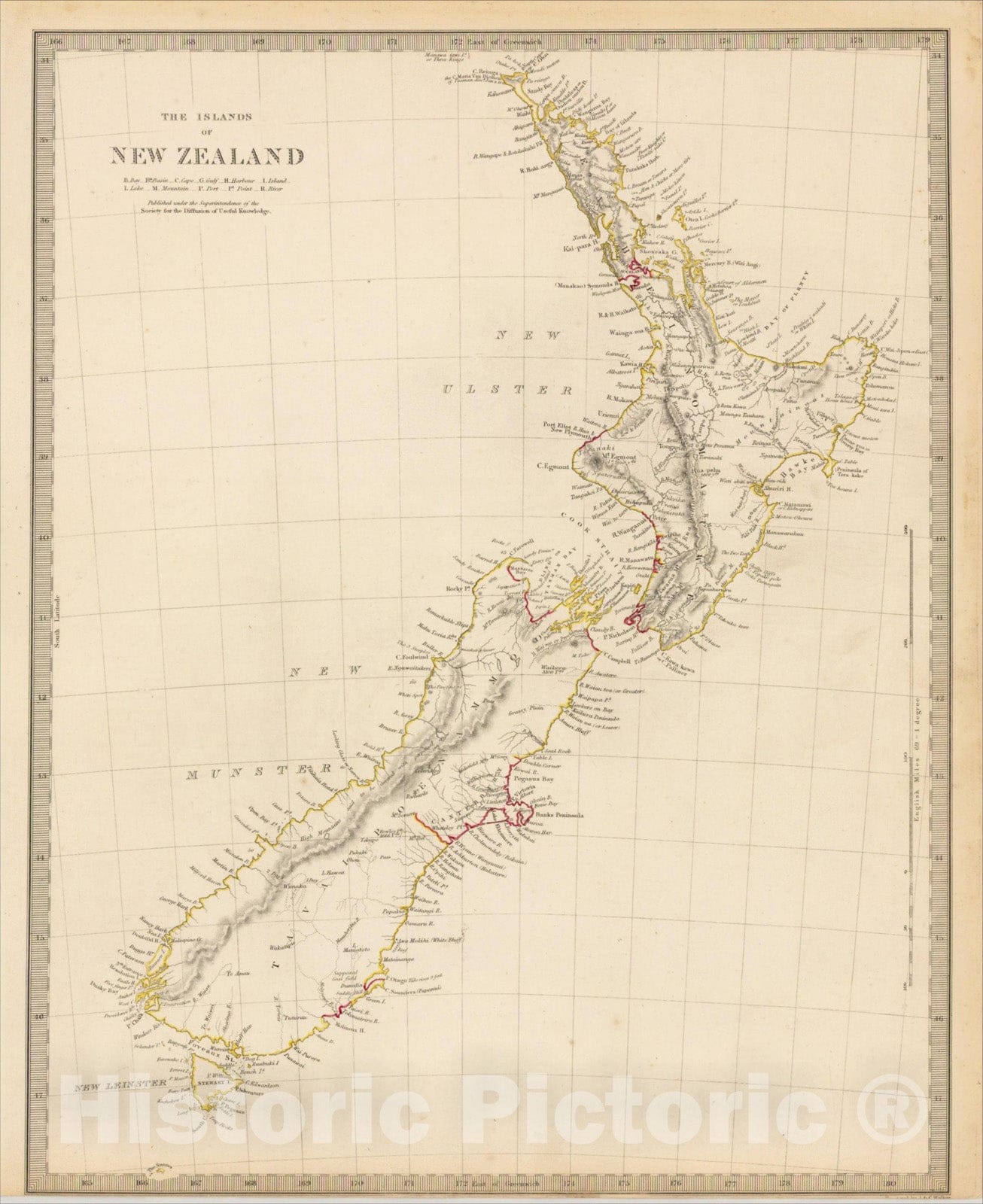 Historic Map : The Islands of New Zealand, 1833, SDUK, v1, Vintage Wall Art