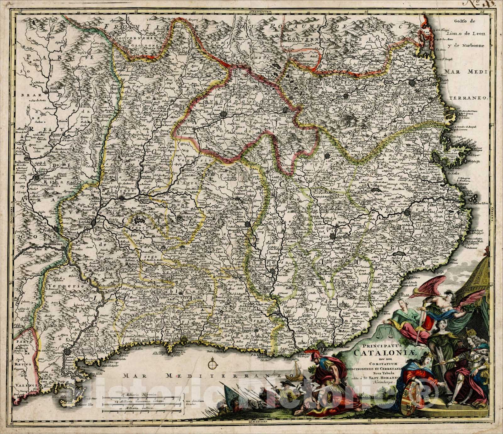 Historic Map : Principatus Cataloniae nec non Comitatuum Ruscinonensisz Et Cerretaniae Nova Tabula , 1720, Johann Baptist Homann, Vintage Wall Art