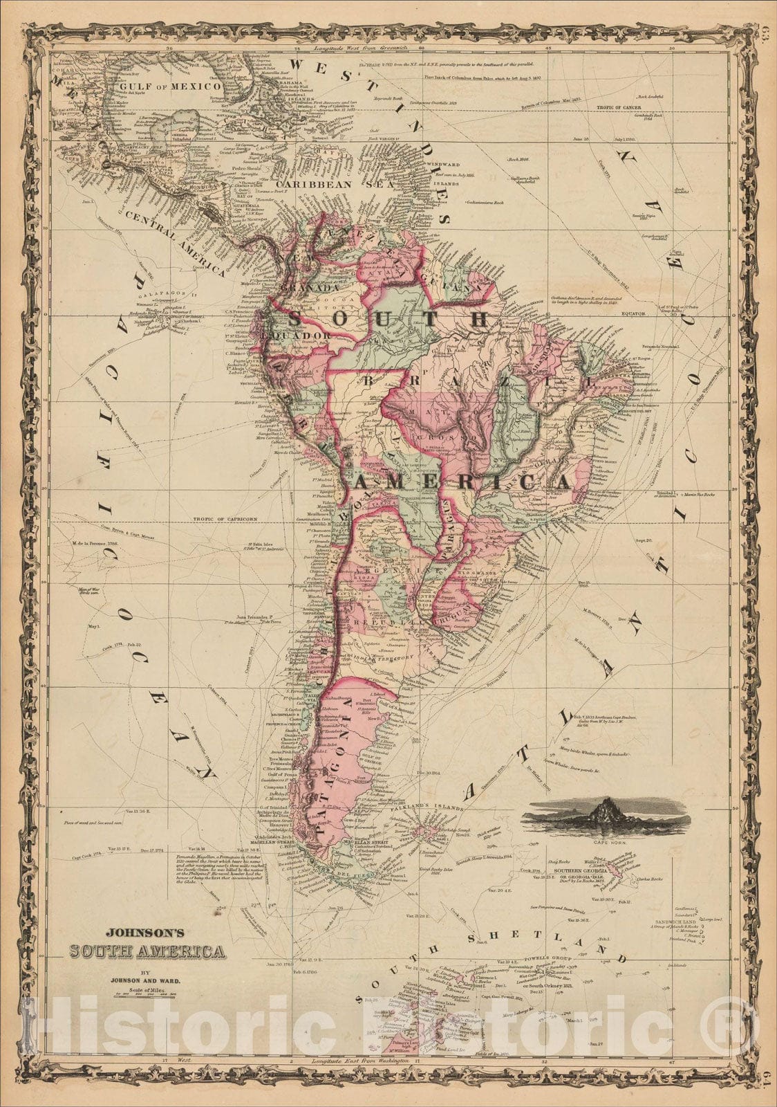 Historic Map : Johnson's South America, 1862, Alvin Jewett Johnson, v1, Vintage Wall Art