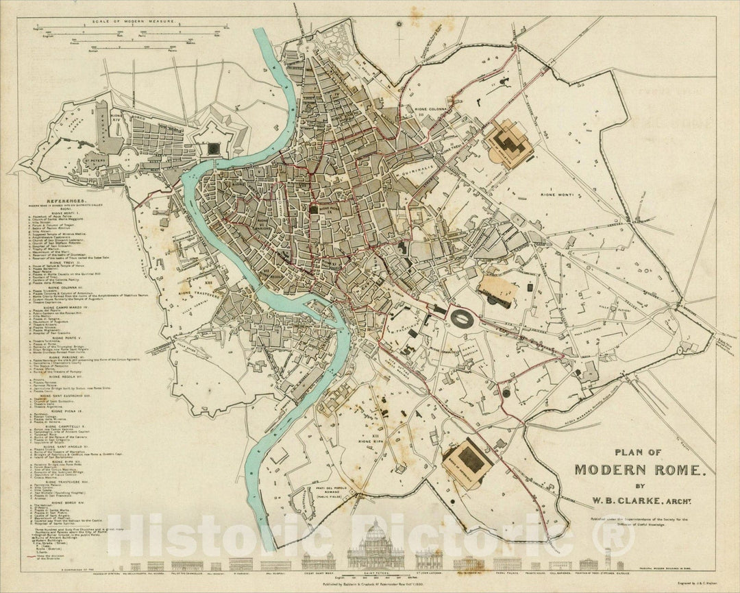 Historic Map : Plan of Modern Rome, 1830, Society for the Diffusion of Useful Knowledge, Vintage Wall Art