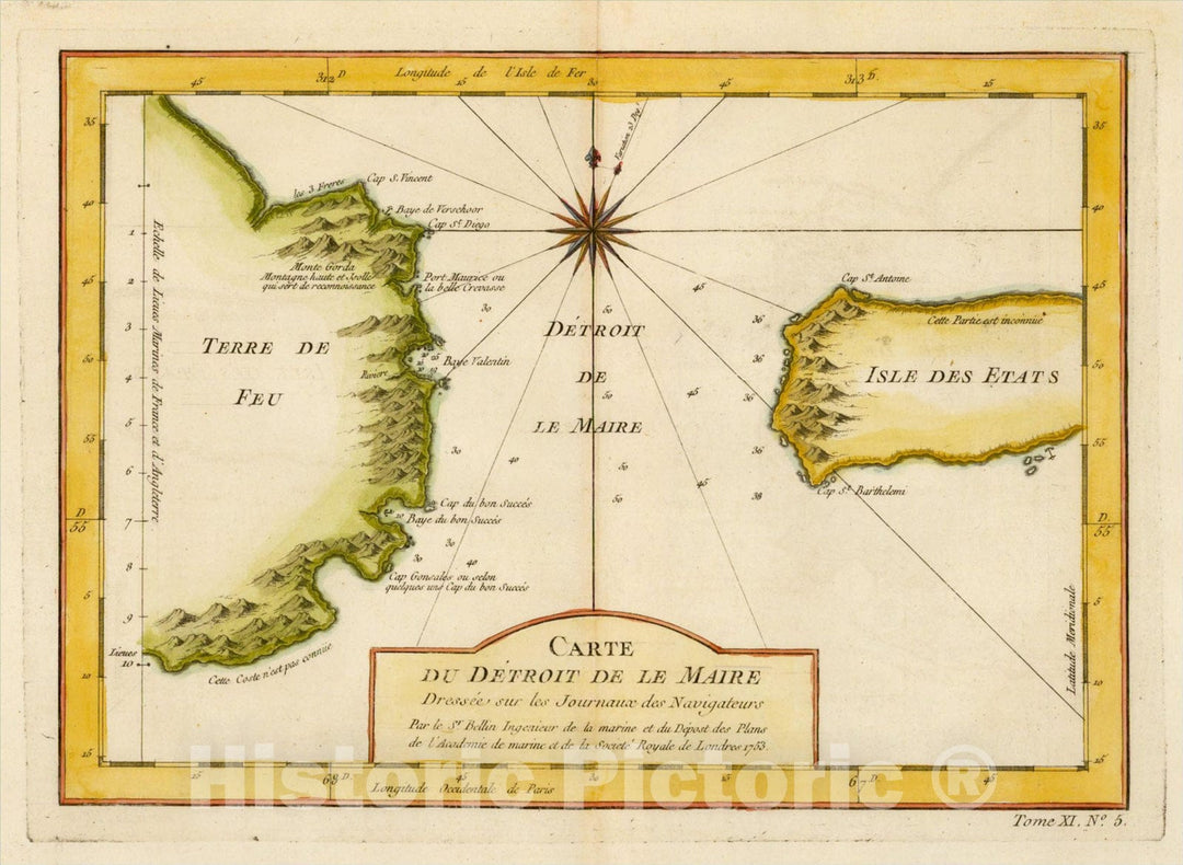 Historic Map : Carte du Detroit De Le Maire, Dressee sur les Journaux de Navigateurs, 1753, 1753, Jacques Nicolas Bellin, Vintage Wall Art