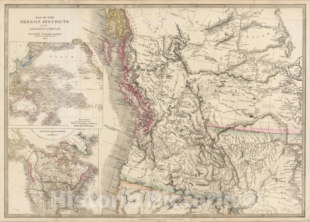 Historic Map : Map of the Oregon Districts and the Adjacent Country, 1845, 1845, James Wyld, Vintage Wall Art