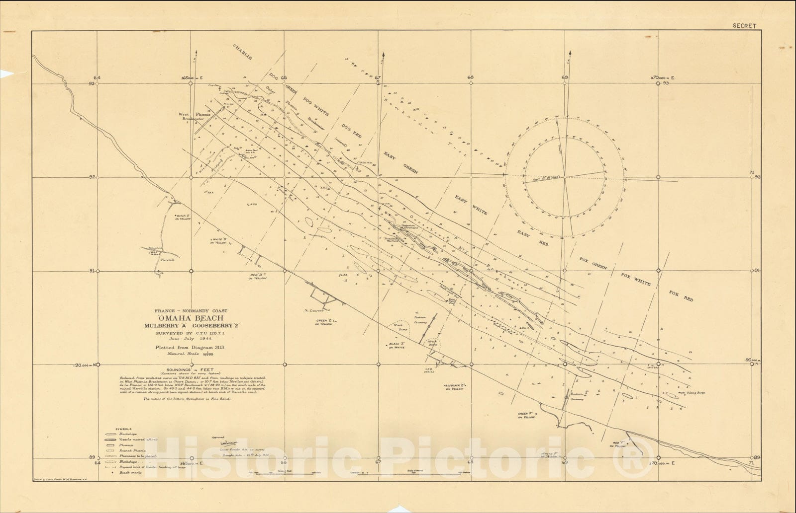 Historic Map : Second World War - Omaha Beach - Mulberry Harbor, 1944, W. M. Passmore, Vintage Wall Art