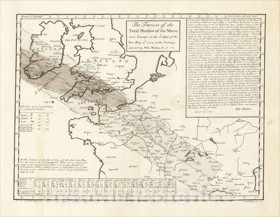 Historic Map : The Transit of the Total Shadow of the Moon over Europe in the Eclipse of the Sun May 11th, 1724, in the Evening, 1724, John Senex, Vintage Wall Art