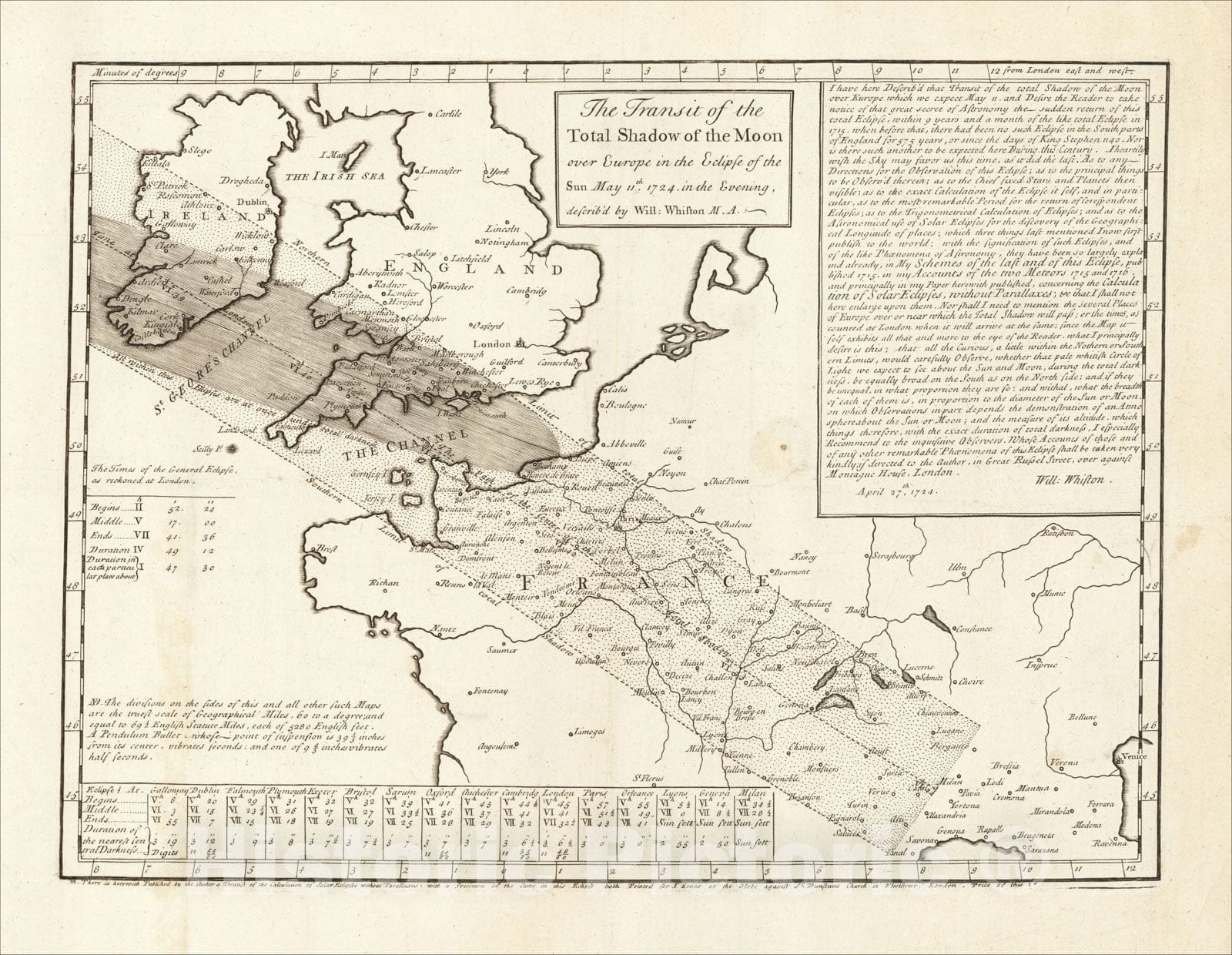 Historic Map : The Transit of the Total Shadow of the Moon over Europe in the Eclipse of the Sun May 11th, 1724, in the Evening, 1724, John Senex, Vintage Wall Art