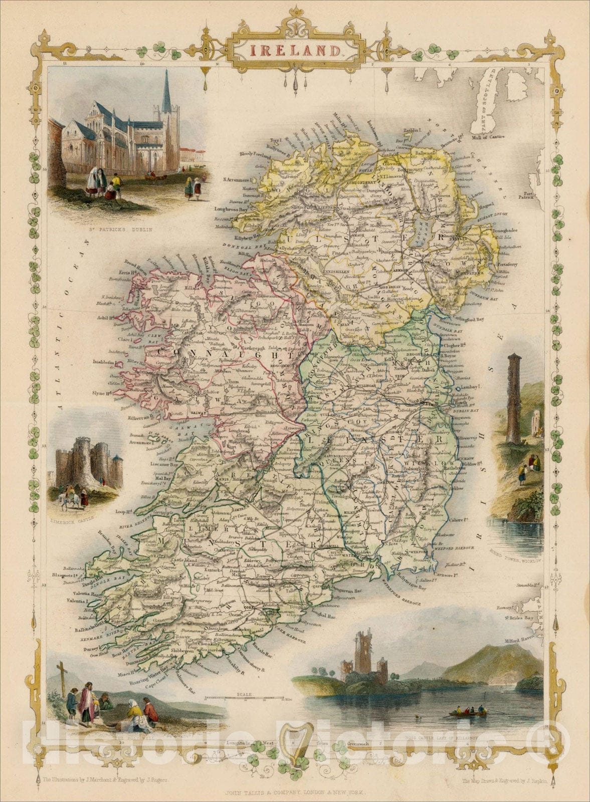 Historic Map : Ireland, 1851, John Tallis, v1, Vintage Wall Art