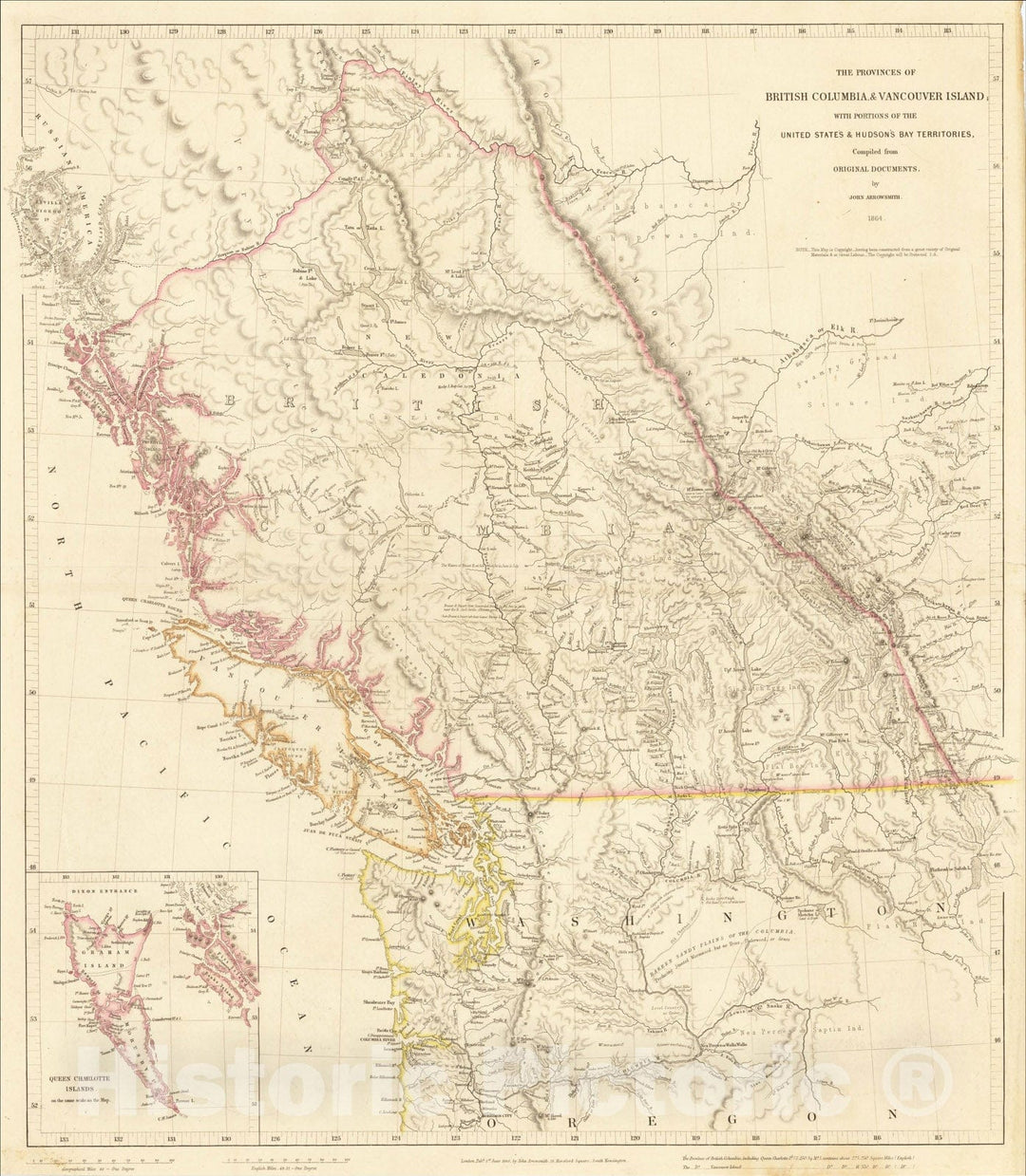 Historic Map : The Provinces of British Columbia & Vancouver Island with Portions of the United States & Hudson's Bay Territories, 1864, John Arrowsmith, Vintage Wall Art