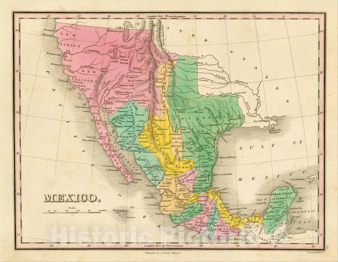 Historic Map : Mexico [including Texas & Upper California], 1826, Anthony Finley, Vintage Wall Art