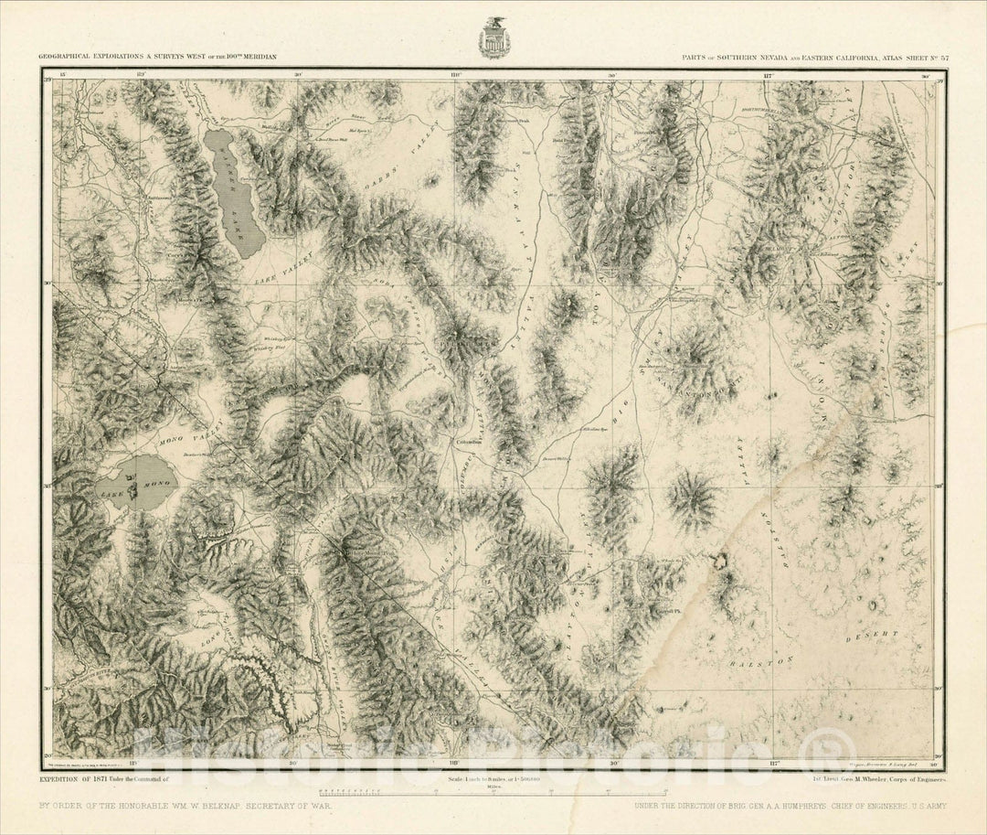 Historic Map : Parts of Southern Nevada and Eastern California, Atlas Sheet No. 57 (Walker Lake, Mono Lake,etc), 1877, George M. Wheeler, Vintage Wall Art