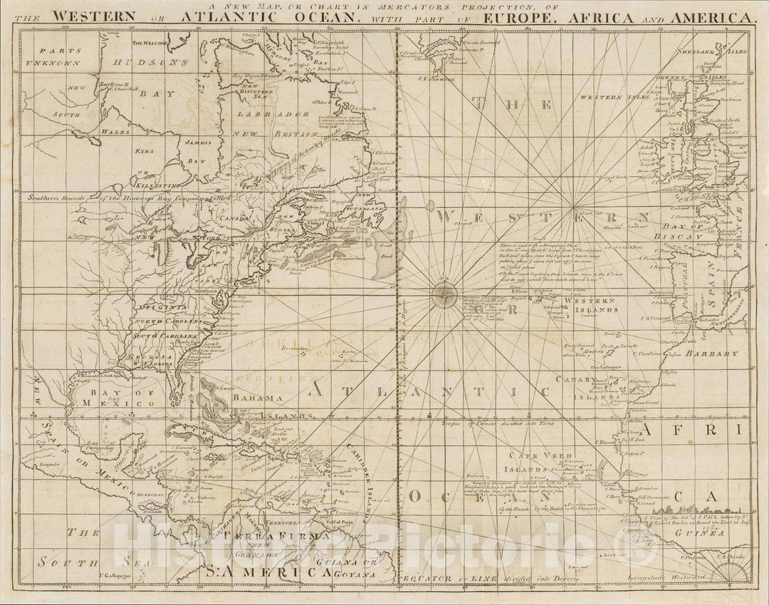 Historic Map : A New Map, or Chart in Mercators Projection, of The Western or Atlantic Ocean with Part of Europe, Africa and America, c1781, John Bew, Vintage Wall Art