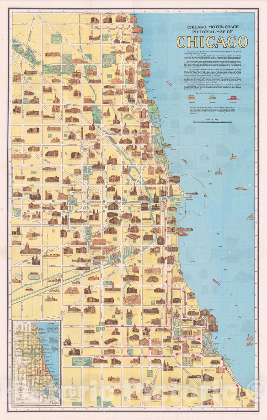 Historic Map : Chicago Motor Coach Pictorial Map of Downtown Chicago, c1940, The Clason Map Company, Vintage Wall Art