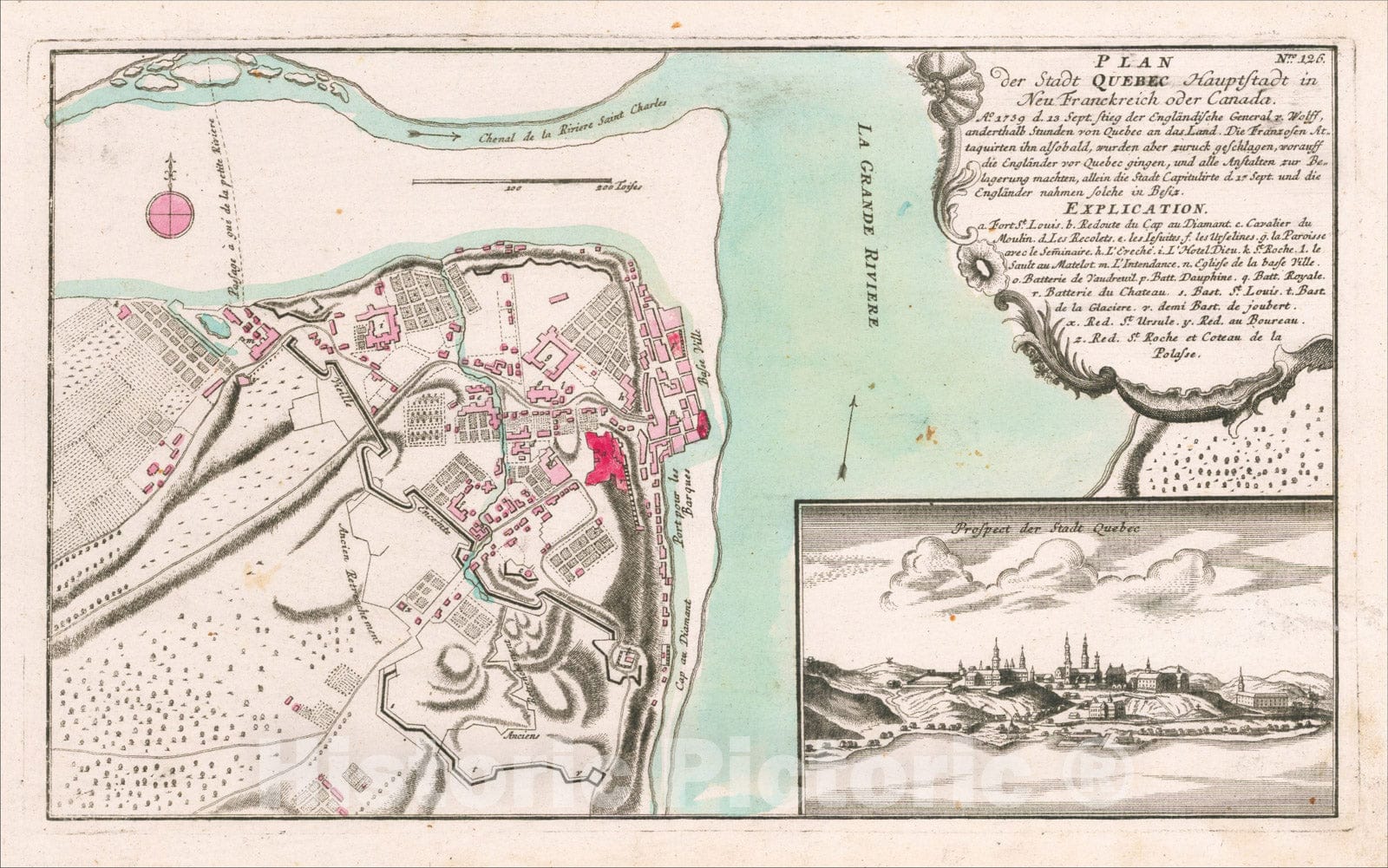 Historic Map : Plan der Stadt Quebec Hauptstadt in Neu Frankreich oder Canada Ao 1759 d. 13 Sept Stieg der Englandische General v. Wolff, 1764, Vintage Wall Art