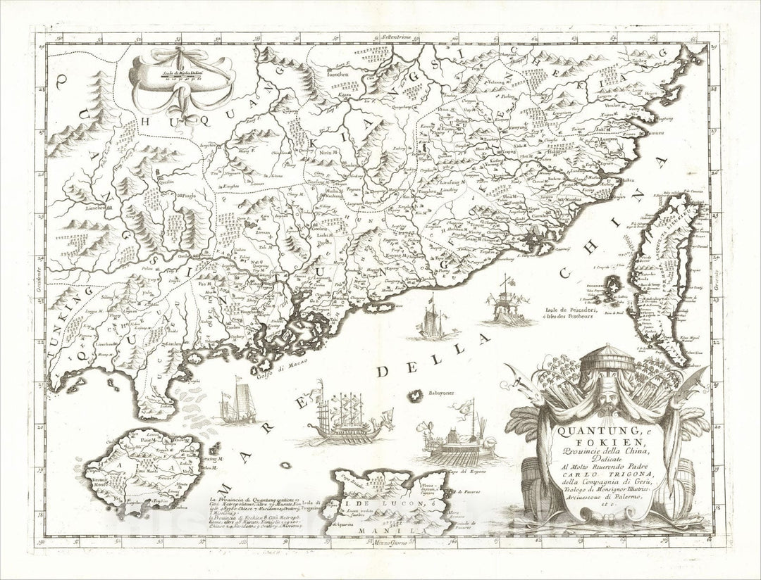 Historic Map : Quantung, e Fokien, Provincie della China, 1690, Vincenzo Maria Coronelli, Vintage Wall Art