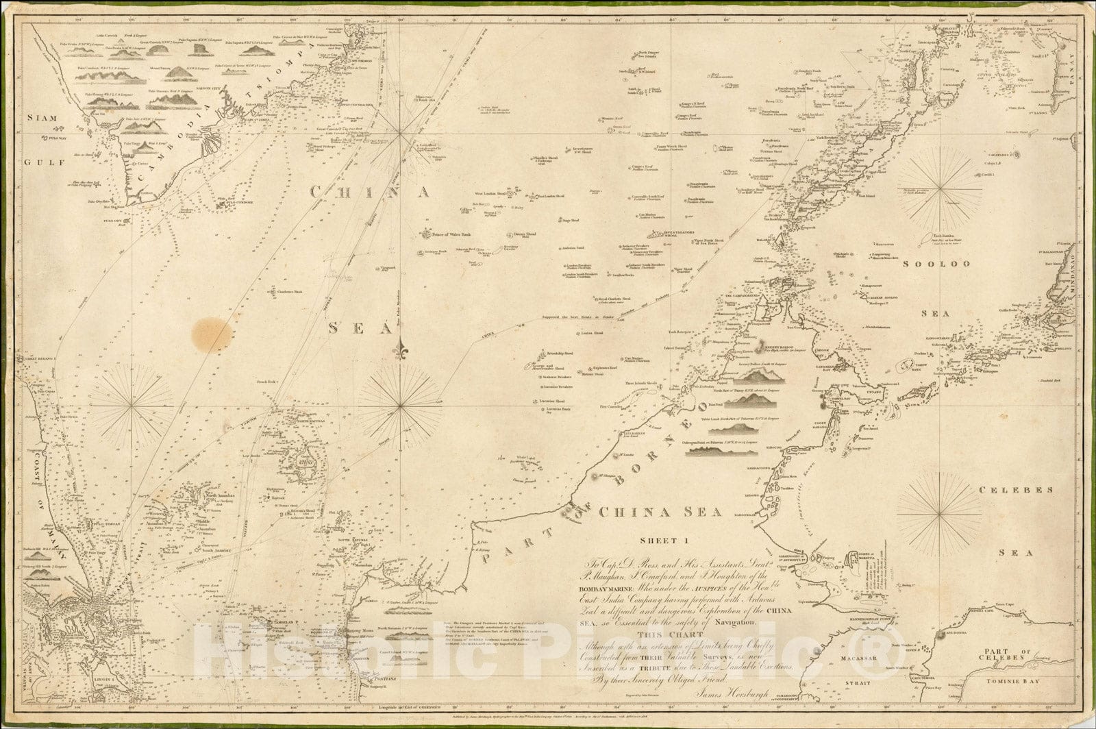 Historic Map : China Sea Sheet 1 (Singapore, Siam, Cambodia, Mindanao, Borneo), 1846, James Horsburgh, v1, Vintage Wall Art